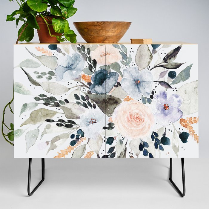 Loose Blue and Peach Floral Watercolor Bouquet  Credenza