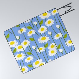 Retro Modern Daisy Flowers On Blue Picnic Blanket