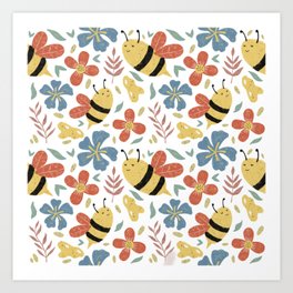 Cute Honey Bees and Flowers Art Print