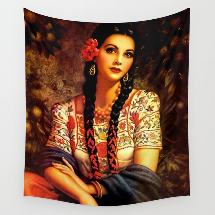 Jesus Helguera Painting Of A Mexican Calendar Girl With Braids