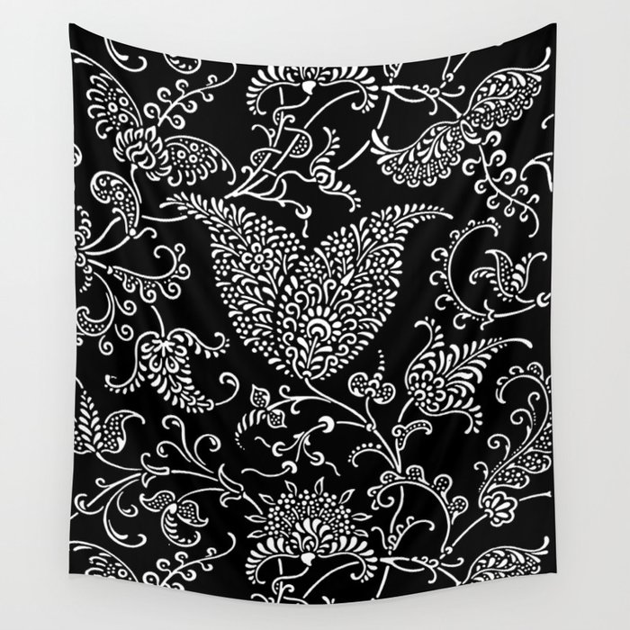 Vintage Floral Ornaments Design White And Black Wall Tapestry