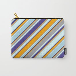 [ Thumbnail: Eyecatching Dark Slate Blue, Orange, Dark Gray, Light Cyan, and Light Blue Colored Stripes Pattern Carry-All Pouch ]