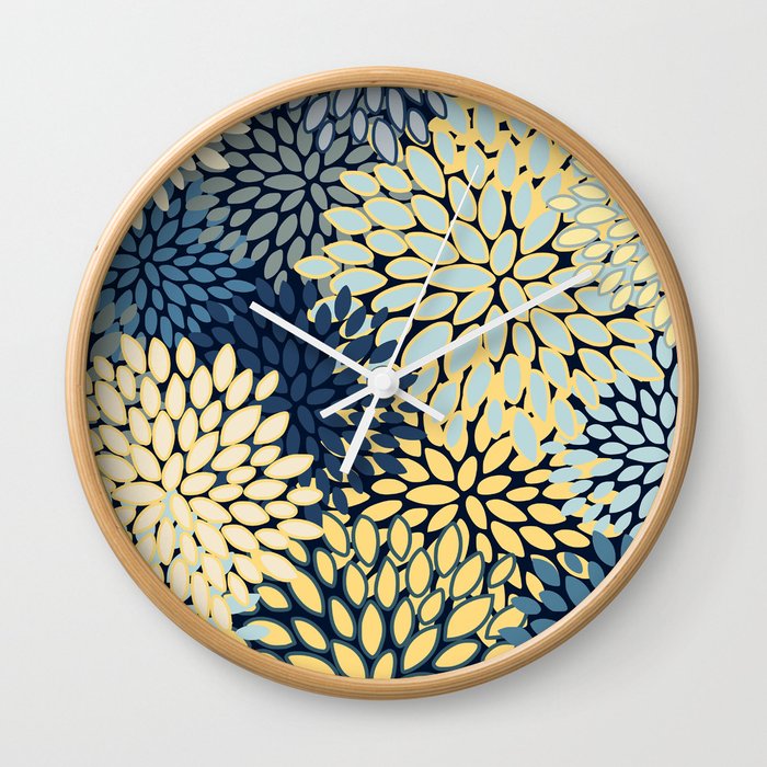 Modern Floral Yellow and Blue Art Wall Clock
