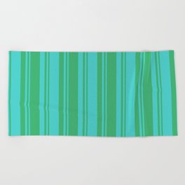 [ Thumbnail: Turquoise and Sea Green Colored Lined Pattern Beach Towel ]