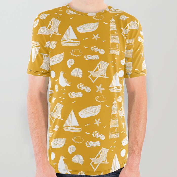 Mustard And White Summer Beach Elements Pattern All Over Graphic Tee