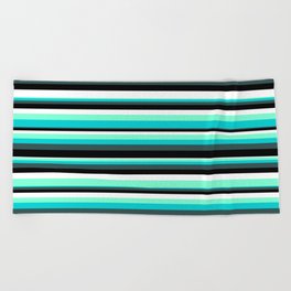 [ Thumbnail: Eyecatching Aquamarine, Dark Turquoise, Dark Slate Gray, Black, and White Colored Stripes Pattern Beach Towel ]