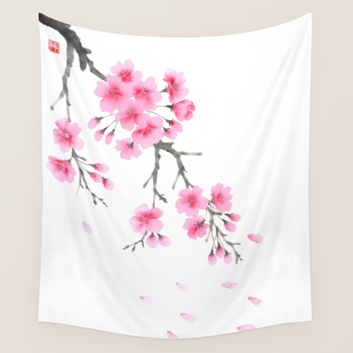Japanese Sumie Painting Cherry Blossom Wall Tapestry by The Lotus Room