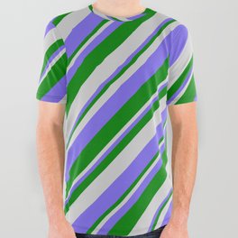 [ Thumbnail: Light Gray, Medium Slate Blue & Green Colored Lines/Stripes Pattern All Over Graphic Tee ]