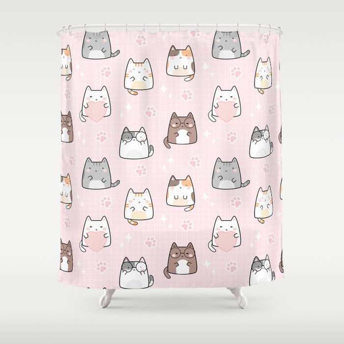 Pink Kawaii Cute Cats Pattern Shower Curtain