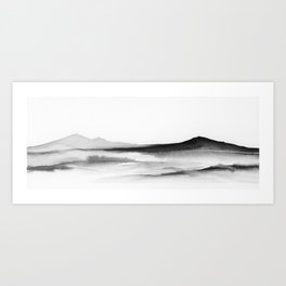 Shadows of the Summit II - Black and White Panoramic Wall Art, Mountain Range Watercolor Painting, Modern Abstract Nature Art Art Print