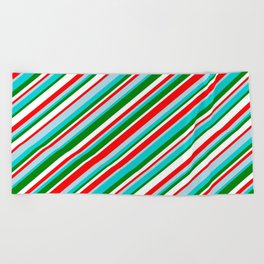 [ Thumbnail: Vibrant Red, Light Blue, Dark Turquoise, Green & White Colored Striped Pattern Beach Towel ]