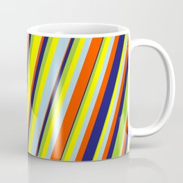 [ Thumbnail: Eye-catching Green, Yellow, Light Blue, Red & Midnight Blue Colored Lines/Stripes Pattern Coffee Mug ]