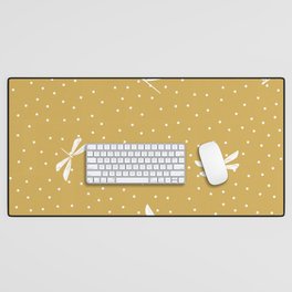 White Dragonfly Christmas seamless pattern and Snow White Confetti on Yellow Gold Background Desk Mat