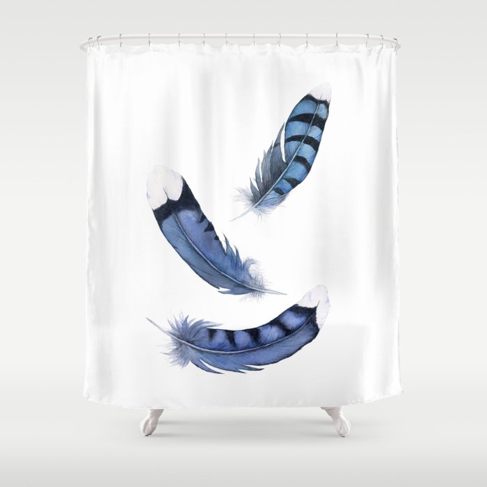 Falling Feather, Blue Jay Feather, Blue Feather watercolor painting by Suisai Genki Shower Curtain