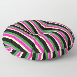 [ Thumbnail: Vibrant Deep Pink, Beige, Black, Forest Green, and Orchid Colored Lines Pattern Floor Pillow ]