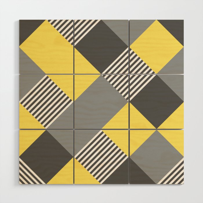 Diamond Plaid Stripes Harlequin Gray Grey Yellow White Wood Wall Art