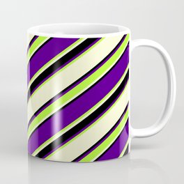 [ Thumbnail: Indigo, Light Green, Light Yellow, and Black Colored Stripes Pattern Coffee Mug ]