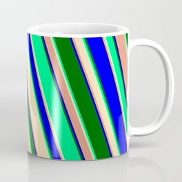 [ Thumbnail: Green, Beige, Dark Salmon, Blue & Dark Green Colored Striped/Lined Pattern Coffee Mug ]