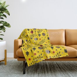 Ladybug and Floral Seamless Pattern on Yellow Background Throw Blanket