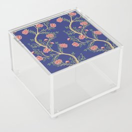 Vintage garden rose flower tree floral seamless pattern blue background. Exotic chinoiserie hand drawn.  Acrylic Box