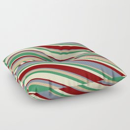 [ Thumbnail: Vibrant Light Slate Gray, Tan, Sea Green, Bisque, and Maroon Colored Lines Pattern Floor Pillow ]