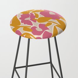 Pink flowers with mustard yellow leaves abstract floral design Bar Stool