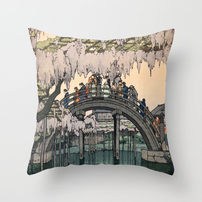 Drum bridge, at Kameidô, shrine,Tokyo, (woodcut)_Hiroshi YoshidaJapanese printmaker(1876-1950) Throw Pillow