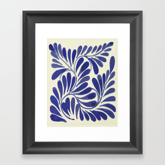 Leaves branch cobalt blue talavera tile clay interior design azulejo Framed Art Print
