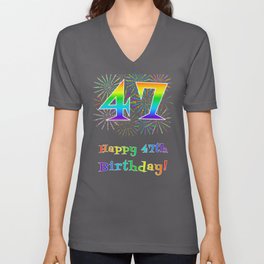 [ Thumbnail: 47th Birthday - Fun Rainbow Spectrum Gradient Pattern Text, Bursting Fireworks Inspired Background V Neck T Shirt V-Neck T-Shirt ]