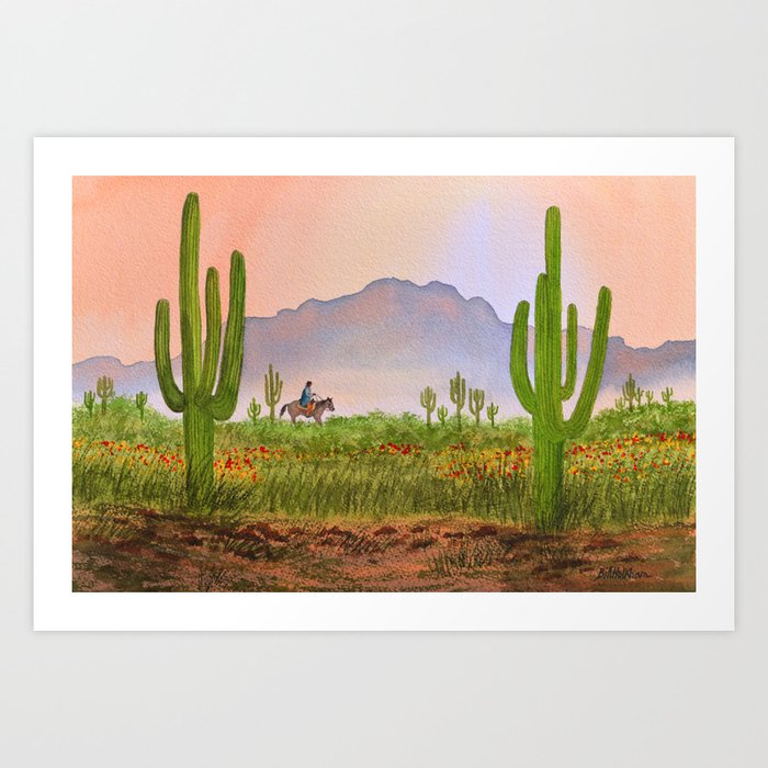 Misty Desert Sunrise - Saguaro Arizona Art Print