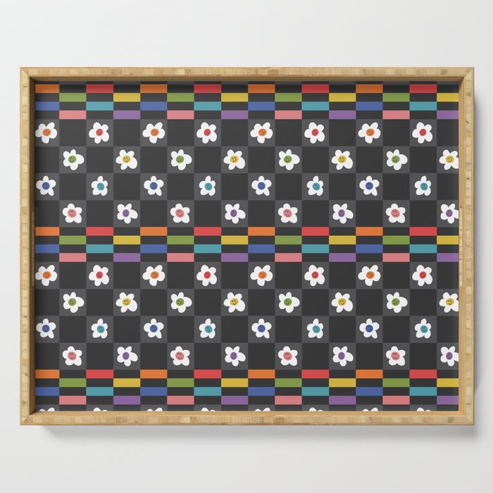 Rainbow Smileyface Checkerboard Pattern on black Serving Tray