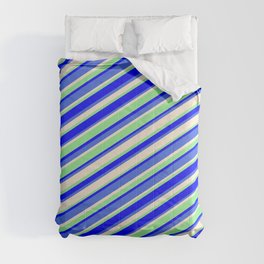[ Thumbnail: Light Green, Blue, Royal Blue & Beige Colored Striped/Lined Pattern Comforter ]