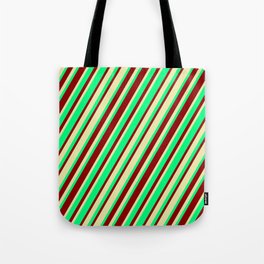 [ Thumbnail: Green, Dark Red & Pale Goldenrod Colored Stripes Pattern Tote Bag ]