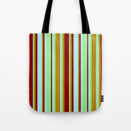 [ Thumbnail: Light Green, Dark Goldenrod, Dark Red, and Turquoise Colored Lines/Stripes Pattern Tote Bag ]
