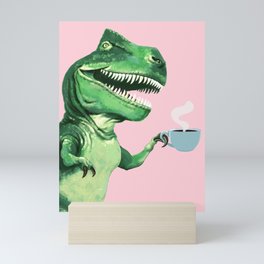 T-Rex Enjoying Coffee in Pink Mini Art Print