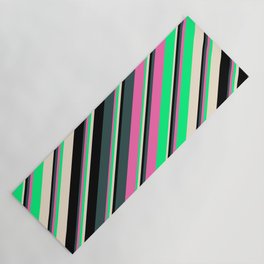 [ Thumbnail: Eyecatching Dark Slate Gray, Hot Pink, Green, Beige, and Black Colored Lines Pattern Yoga Mat ]