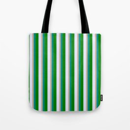 [ Thumbnail: Vibrant Tan, Dark Cyan, Green, Lavender & Black Colored Striped/Lined Pattern Tote Bag ]