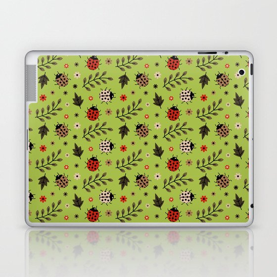 Ladybug and Floral Seamless Pattern on Light Green Background Laptop & iPad Skin