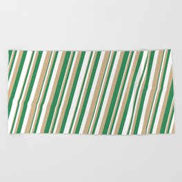 [ Thumbnail: Tan, Sea Green, and White Colored Lined Pattern Beach Towel ]