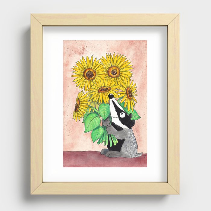 Badger with sunflowers greeting card by Nicole Janes Recessed Framed Print