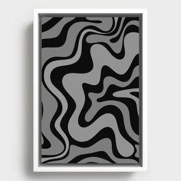 Retro Liquid Swirl Abstract Pattern in Black and Gray Framed Canvas