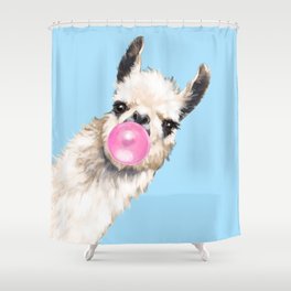 Bubble Gum Sneaky Llama in Blue Shower Curtain