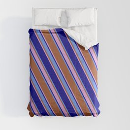 [ Thumbnail: Sienna, Plum, Dark Blue & Cornflower Blue Colored Lines/Stripes Pattern Comforter ]