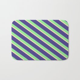 [ Thumbnail: Dark Slate Blue, Light Green & Beige Colored Pattern of Stripes Bath Mat ]