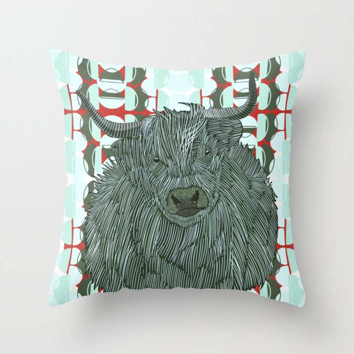 Highlands cow with a blue and red patterned background Throw Pillow