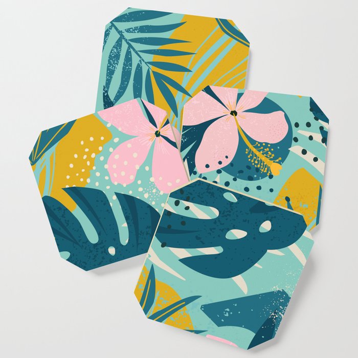 Tropical geometric flowers and plants on turquoise background Coaster
