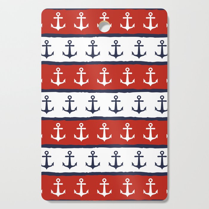 Navy Blue White Maroon Red Nautical Anchor Stripes Cutting Board