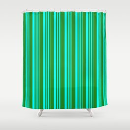 [ Thumbnail: Cyan and Forest Green Colored Stripes Pattern Shower Curtain ]