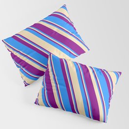 [ Thumbnail: Blue, Tan, and Purple Colored Striped Pattern Pillow Sham ]