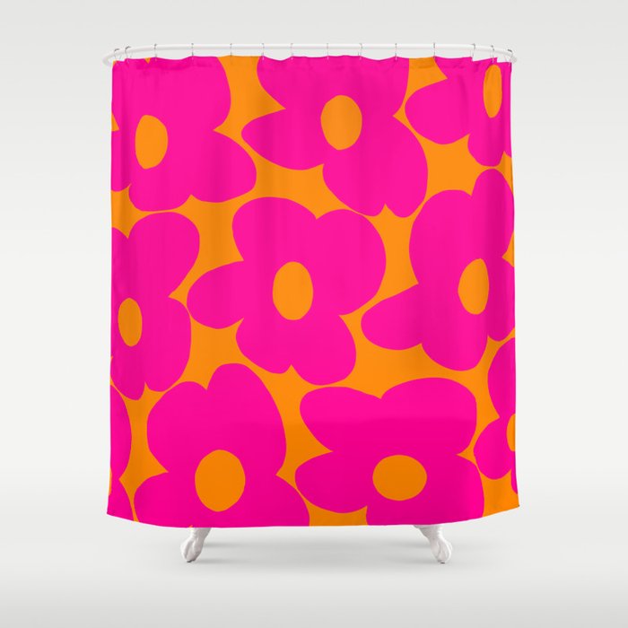 Large Retro Flowers Raspberry Red Petals Orange Background #decor #society6 #buyart  Shower Curtain